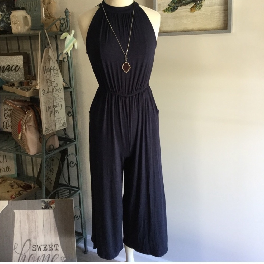 NWT Boutique Navy Cropped Jumpsuit | Size Medium - Picture 2 of 5